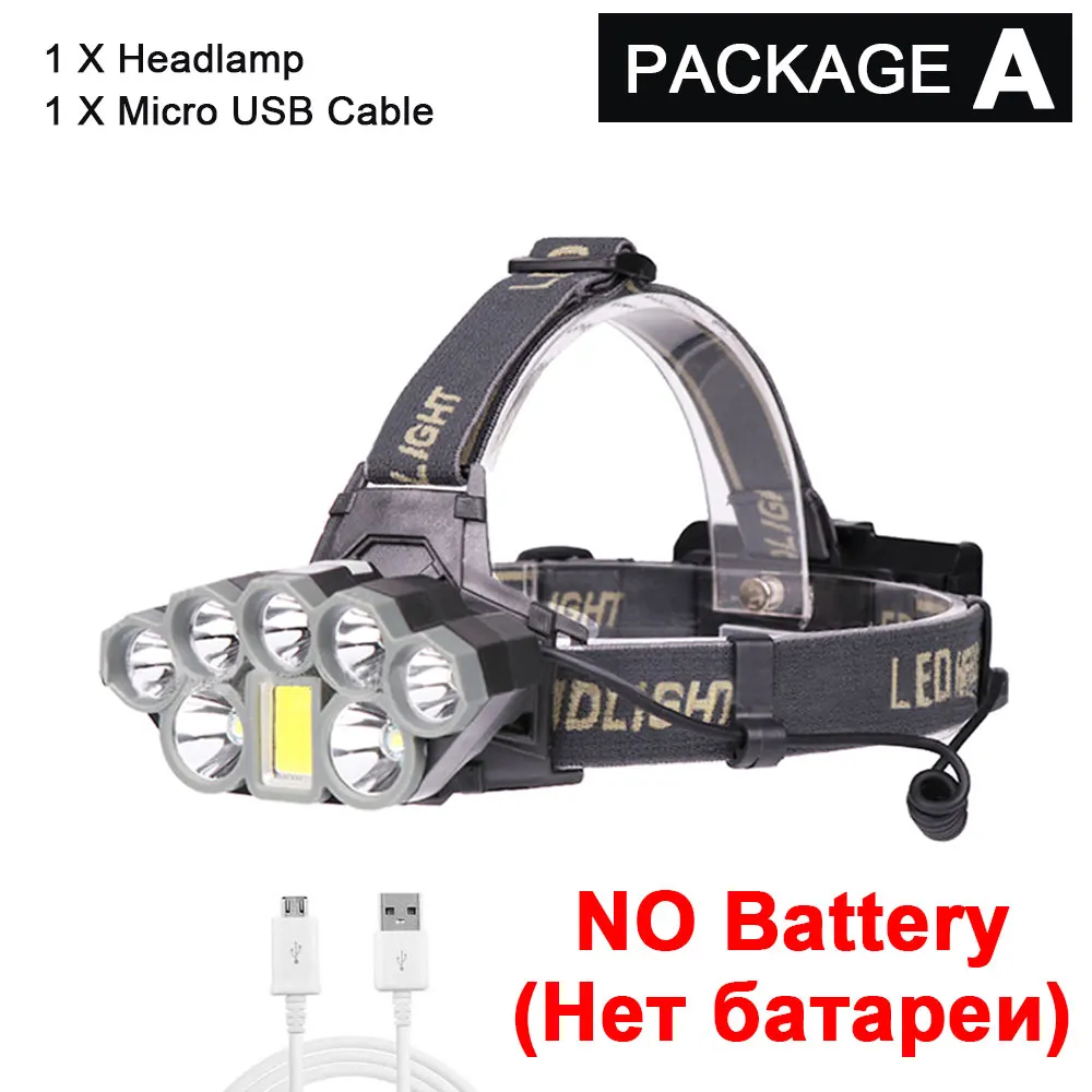 Package A Супер яркий 8 светодиодный налобный фонарь 2* T6+ 5* Q5+ COB светодиодный Перезаряжаемые светодиодный налобный фонарь 18650 Батарея Мощный USB Зарядное устройство фар - Испускаемый цвет: Package A
