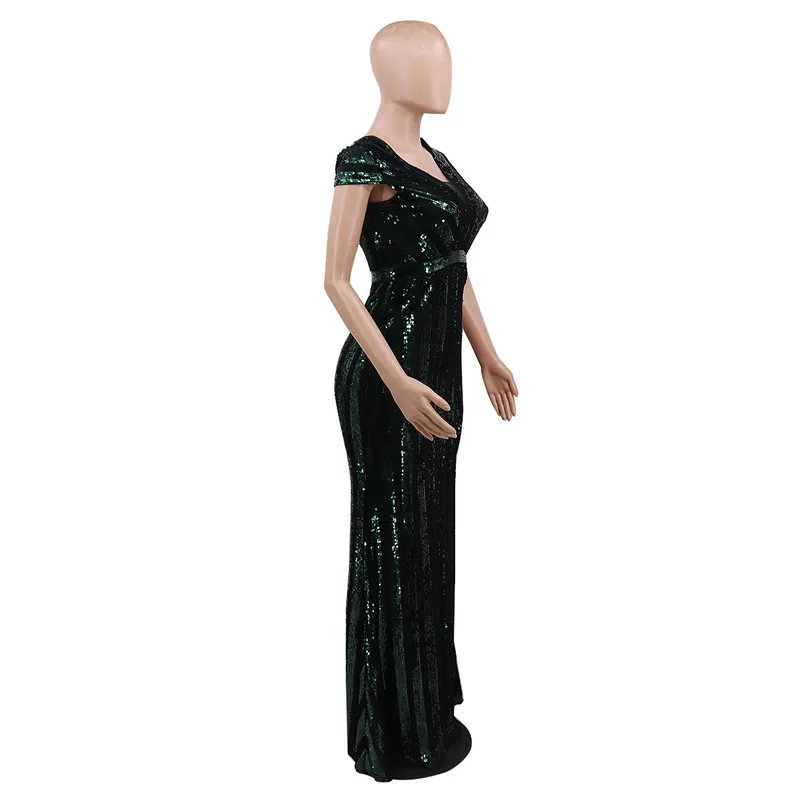 

Sexy Green Brocade sequins V-Neck Banquet Slim Party Dress Elegant Night Club Fishtail Long Dresses Vestidos Women