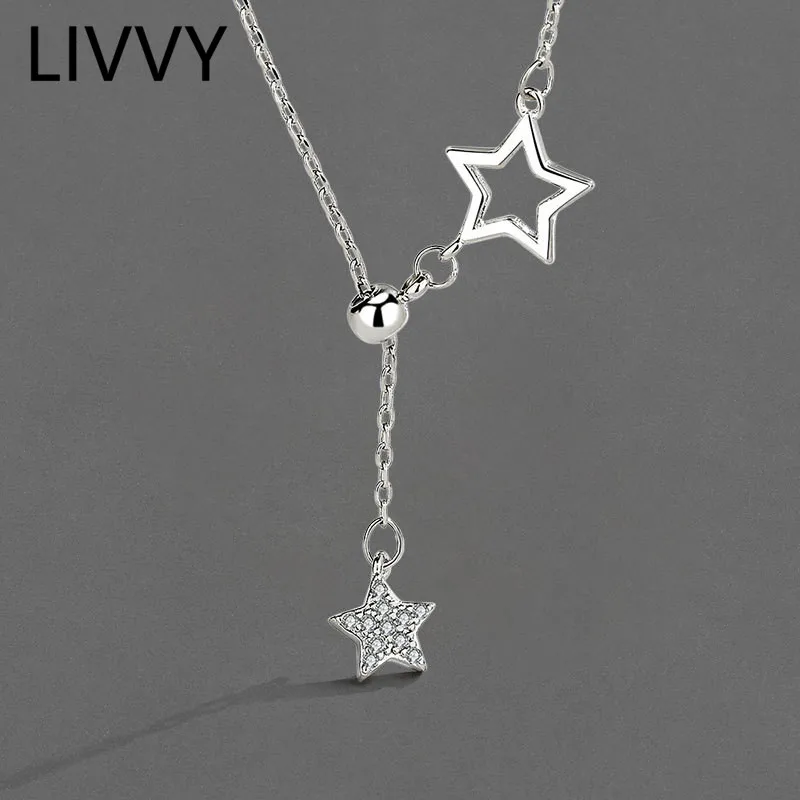 

LIVVY Silver Color Double Star Zircon Hollow Pendant Necklace For Women Simple New Clavicle Chain Birthday Gift