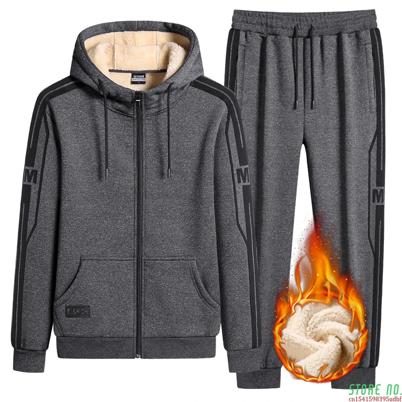 

Winter Men Set Warm Thick Hooded Jacket+Pants 2PC Sets Men Lamb Cashmere Hoodies Zipper Tracksuit Man Sports Suit Size 8XL,9XL