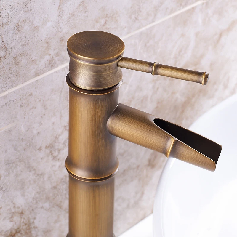

European Retro Basin Faucet Bamboo Style Waterfall Faucets Hot Cold Water Mixer Bathroom Sink Brass Water Tap