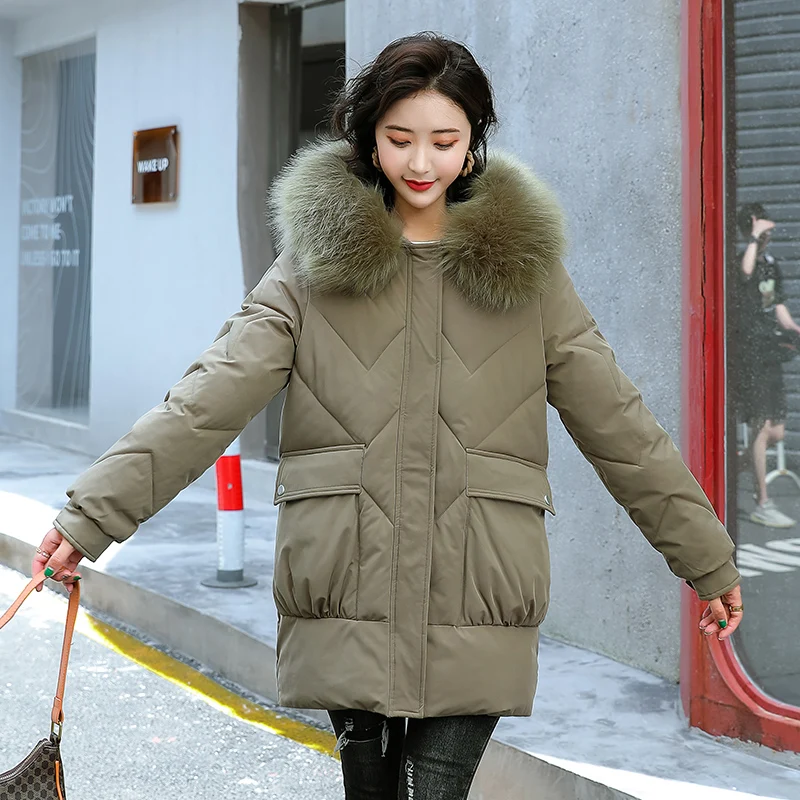 Cotton-padded Jacket Women's Mid-length Section 2021 New Korean Version of Thick Down Free Loose Large Fur Collar Bread Jacket