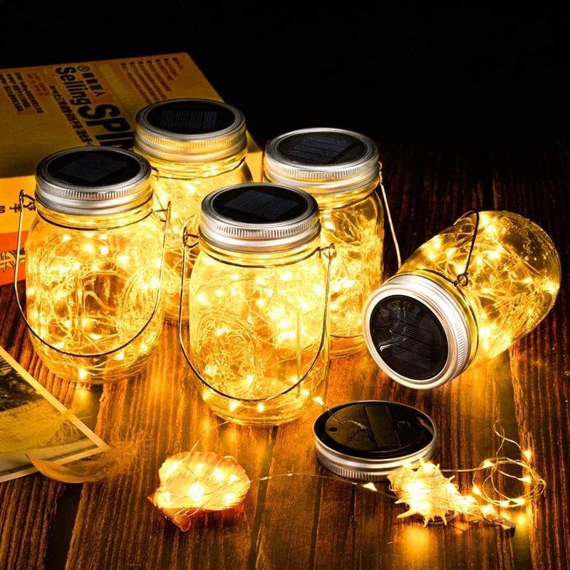 

Mason Jar Solar Lights, 2 Meter 20 LED Fairy Lights with Jars and Hangers, Waterproof Hanging Solar Lights for Garden