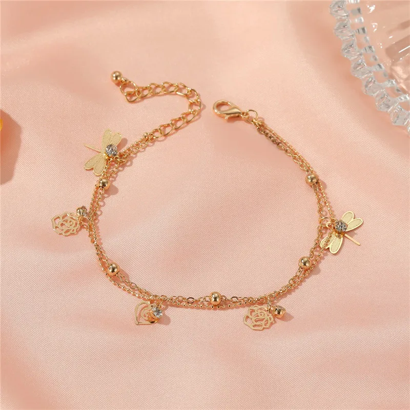 

Classic Bohemian dragonfly Rose Flower Pendant Anklets For Women Girls Fashion Summer Beach Bracelet Jewelry Party Gifts