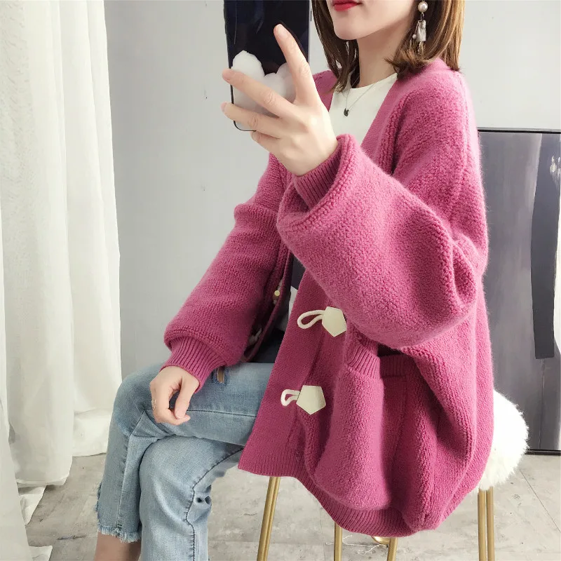 

Plus Size Women Winter Autumn Cardigan Oversize Solid Color Caridgan Sweaters Horn Button Girls Loose Chunky Knitted Coat AA5285