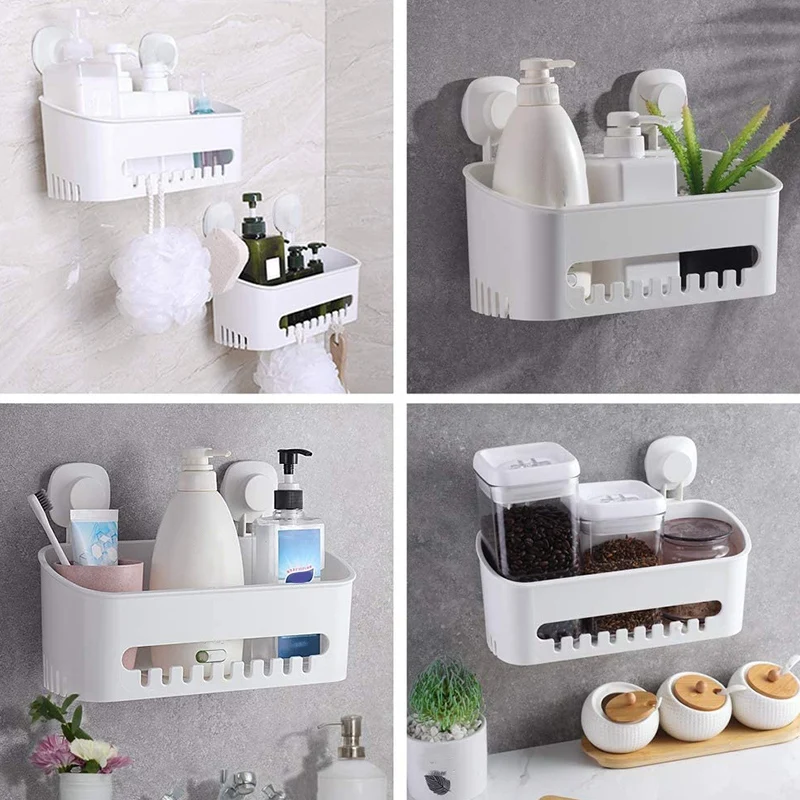 

Shower Caddy Suction, Drill-Free Removable Plastic Shower Caddy Wall Mounted Shelf with Hooks, Storage Basket Organizer