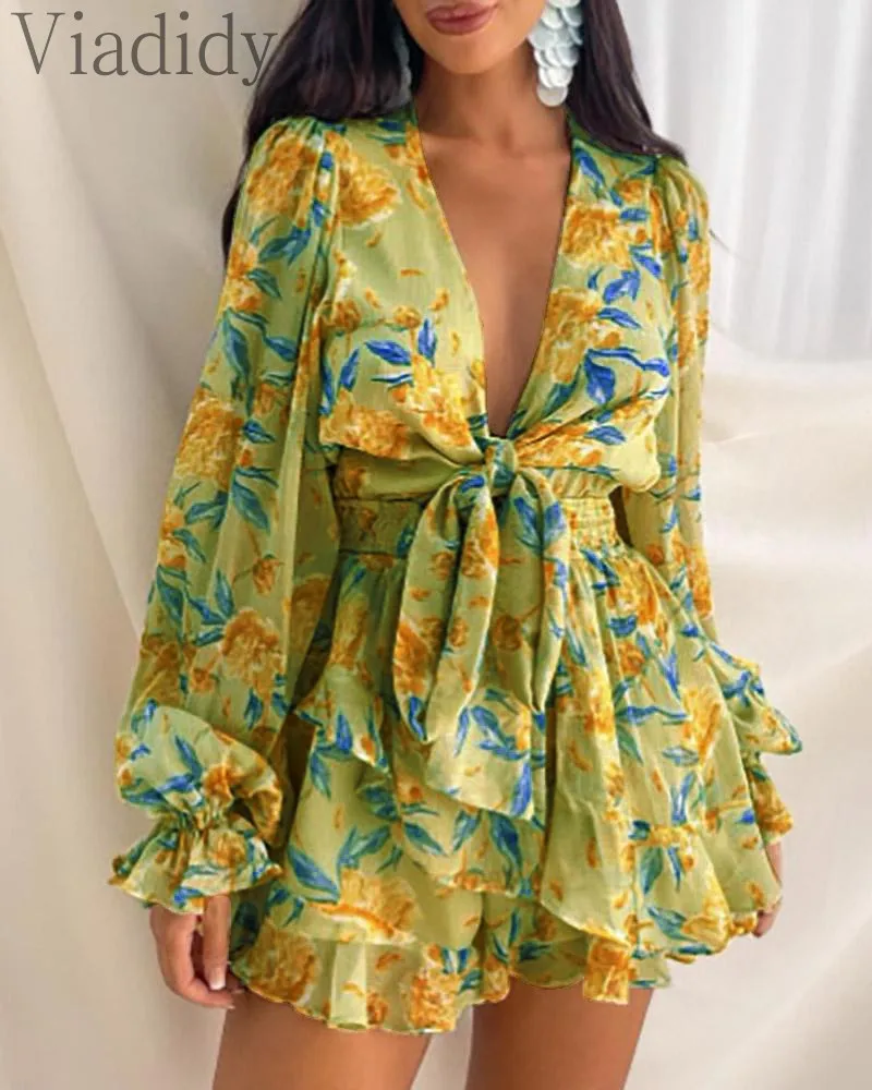 

Women Long Sleeve Deep V Neck Rompers Summer Casual Ruffles Tie Front Chiffon Playsuits
