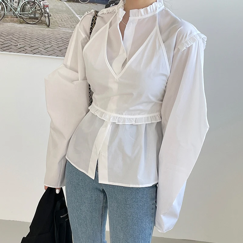 

GALCAUR Casual Two Piece Set For Women V Neck Sleeveless Vest Stand Collar Long Sleeve Shirts Solid Sets Female Spring 2021 Tide