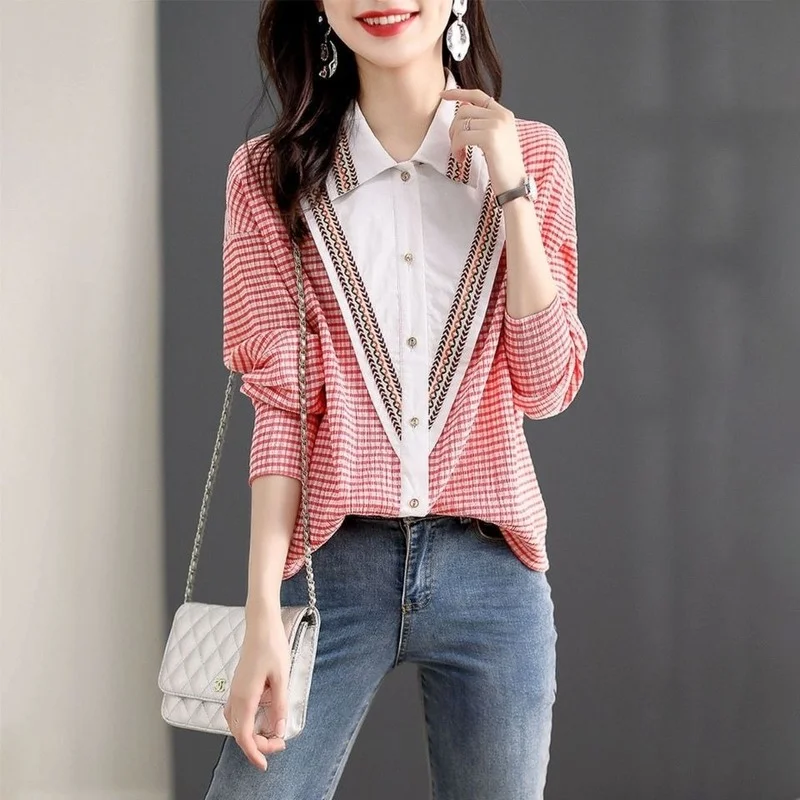 

Women Spring Autumn Style Office Lady Shirt Lady Plaid Print Long Sleeve Shirts Turn-down Collar Blouses Blusas Tops J30