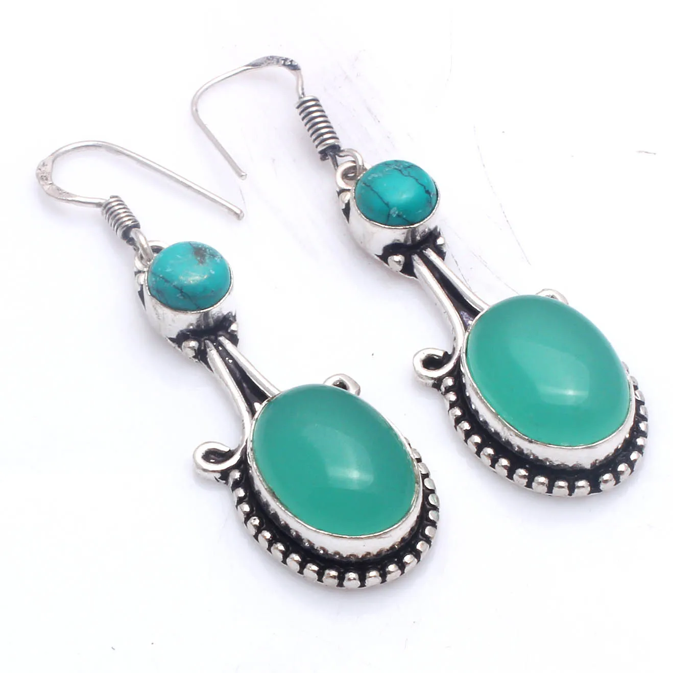 

Genuine Chalcedony + Turquoise Silver Overlay on Copper Earrings , Hand made Women Jewelry Gift, E5897