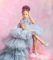 luxury gray feather high low flower girl dress with 3d floral appliques beading bow tiered tulle kids prom birthday dress