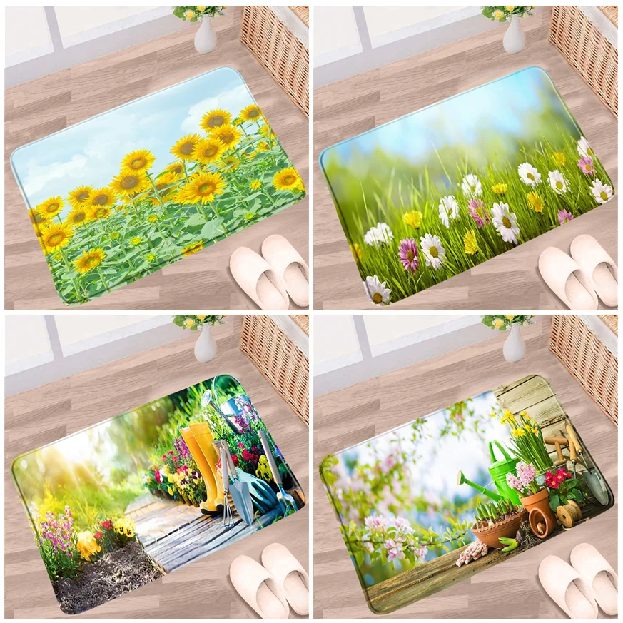 

Spring Scenery Flowers Bathroom Mat Garden Daisy Sunflower Natural Plant Non-slip Rugs Flannel Home Bath kitchen Doorway Carpet