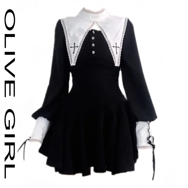 

Japanese Dark Gothic Lolita Dress Women Vintage Victorian Lace Patchwork Stand Collar Mini Dress Girly Chic Punk Party Dresses