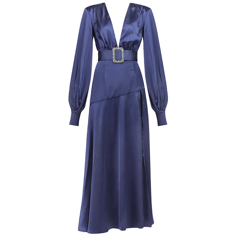 

Elegant Deep V Neck Long Sleeve Purple Pageant Party Gown Sexy High Split Slim A Line Formal Evening Dress Ladies Banquet Dress