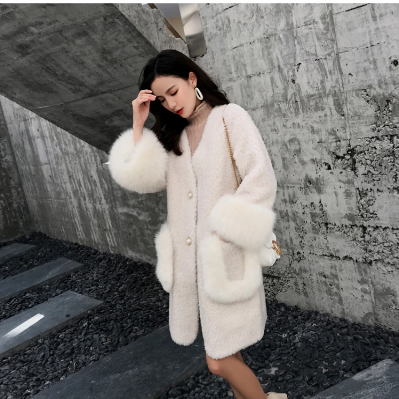 

HStar 2020 spring women solid faux fur coats lady pockets single breastes Outwear outerwear female V-Neck fur jacket