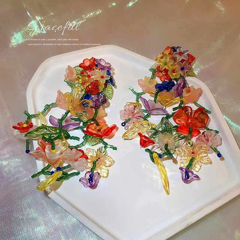 

925 silver needle tassel flower fairy earrings earrings earrings female pastoral style small hand exaggerated Earrings female
