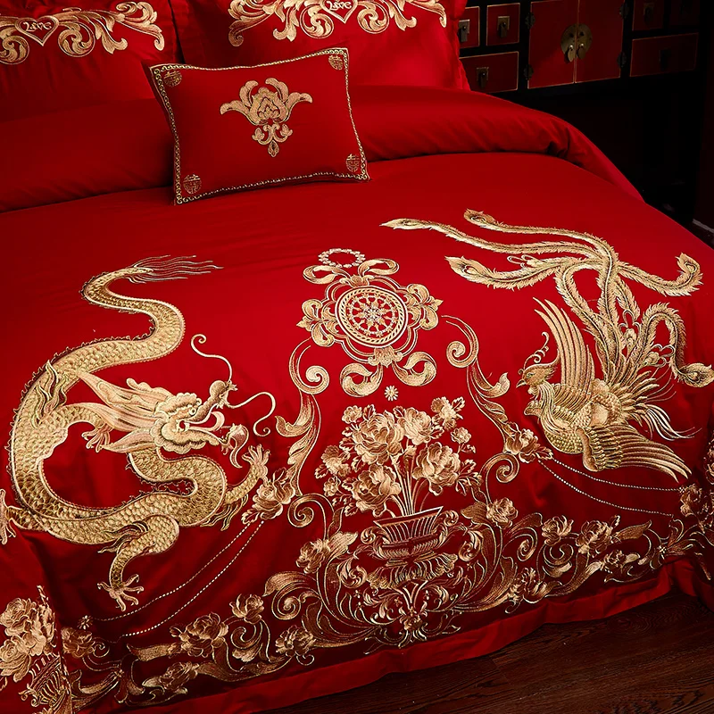 Роскошный Золотой Феникс Лун Роза вышивка Китайская свадьба 100% хлопок