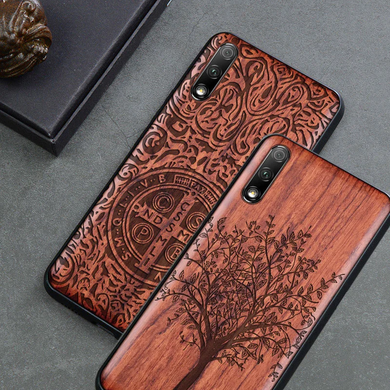Резной деревянный чехол для Huawei Honor 9x противоударный из ТПУ бампер Pro корпус