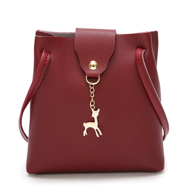 

Cute Deer Pendant Crossbody Bag Mini PU Leather Women's Shoulder Bags Fashion Solid Color Bucket Bag