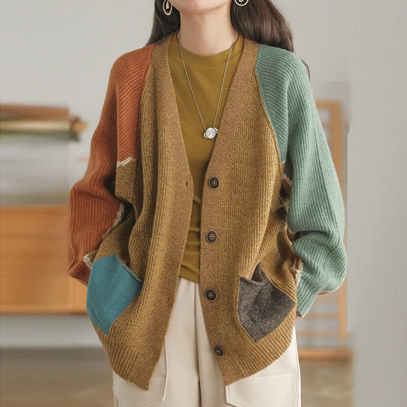 

NINI WONDERLAND 2021 Autumn Winter Patchwork Knit Cardigan Sweater Women V Neck Spliced Vintage Knitted Long Coat Loose Tops