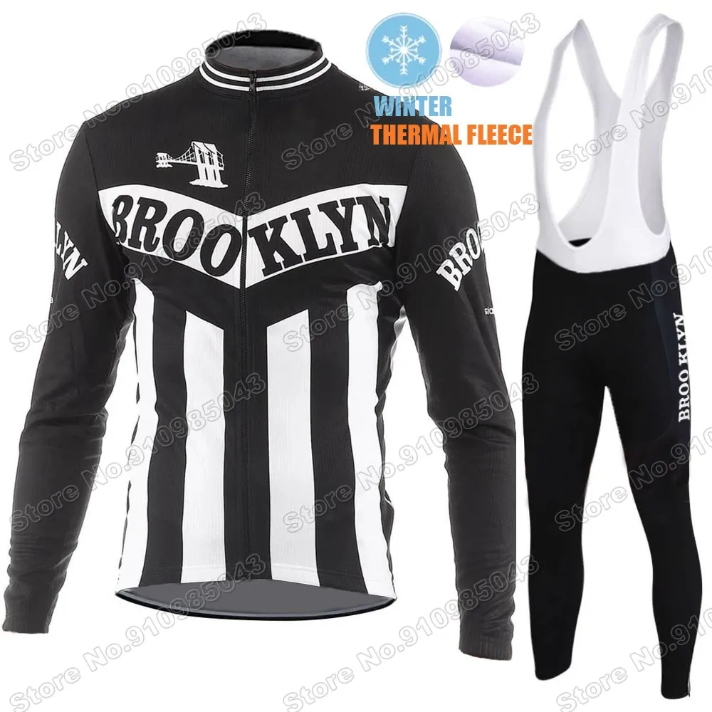 

Winter Brooklyn Team 2021 Cycling Jersey Set Fleece Mens Cycling Clothing Long Sleeve MTB Bike Road Pants Bib Maillot Culotte
