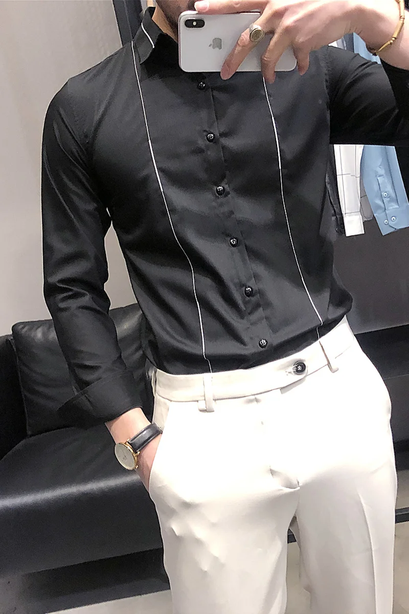 

White Shirts Black for Men Fashion Long Sleeve Business Formal Dress Shirts Casual Slim Fit Social Office Blouse Chemise Homme