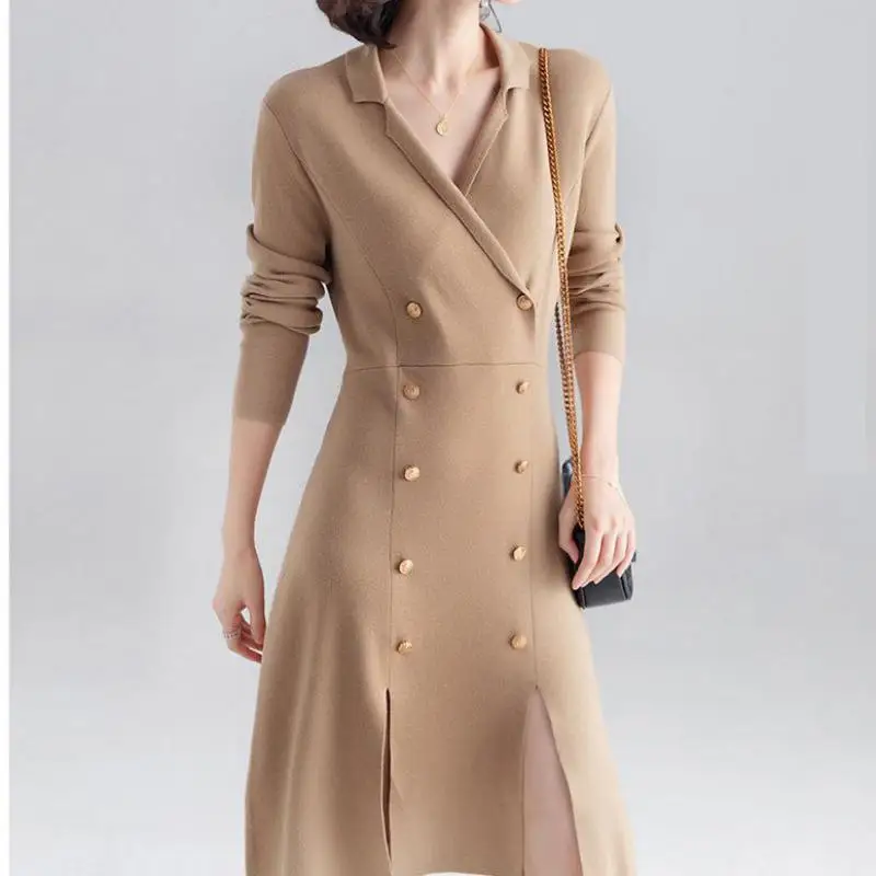 Осень 2019 офисное женское трикотажное платье с отложным воротником 3 цвета