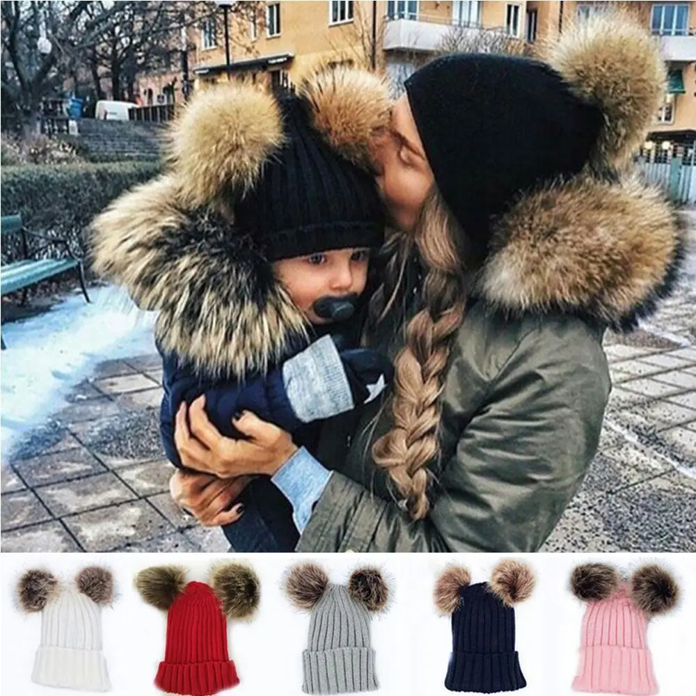 

Winter Warm Toddler Fur Balls Crochet Knit Hat Baby Stuff Accessories Double Ball Beanie Cap Baby Knit Wool Hat