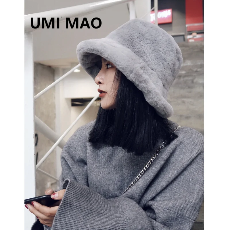 

UMI MAO Autumn Winter British Curled Soft Plush Basin Women Thickened Warmth Casual Japanese Solid Color Retro Top Hat Femme