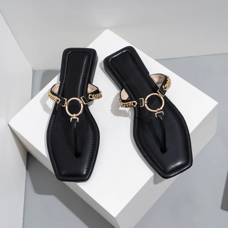 

Шлепанцы женские с квадратным носком, сланцы с металлической цепочкой, сланцы с круглыми пуговицами, Повседневные тапочки на плоской подош...