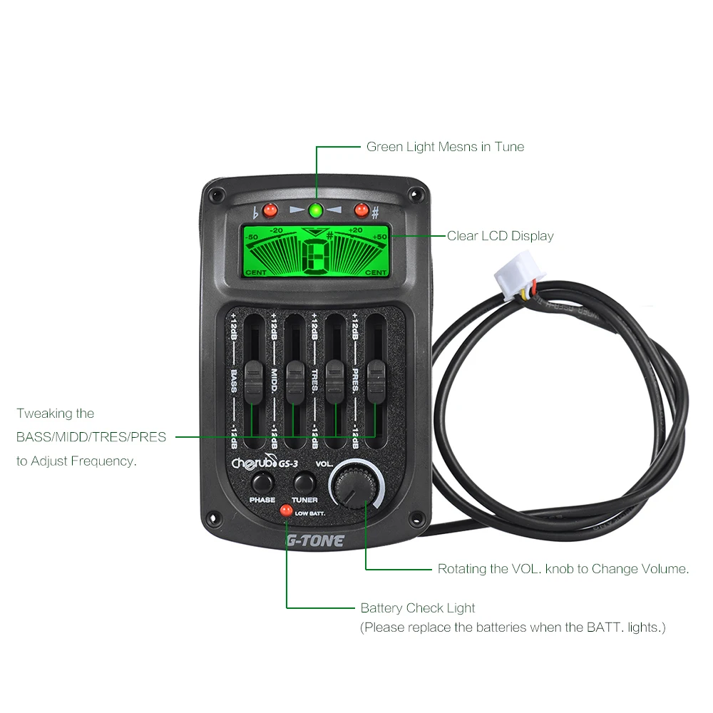Cherub GS-3 Acoustic 4-Band EQ Equalizer Guitar Preamp Piezo Amplifier with Tuner and Phase Function LCD Display | Спорт и