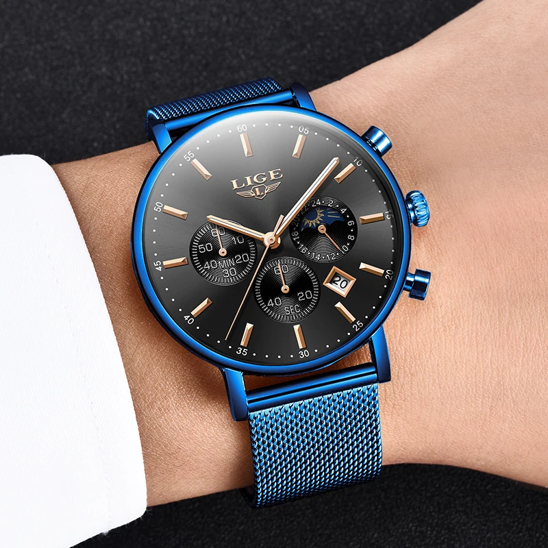 Часы наручные LIGE Мужские кварцевые модные роскошные брендовые классические