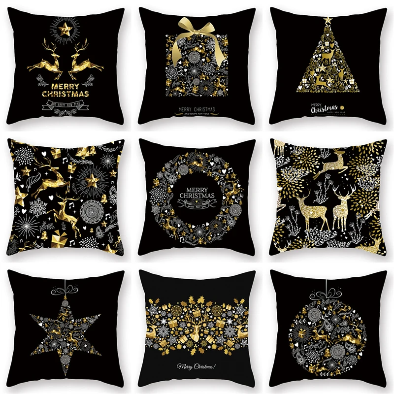 

45cm Christmas Black Gold Cushion Cover Merry Christmas Decorations Home Christmas Ornaments Natal Navidad Gifts New Year
