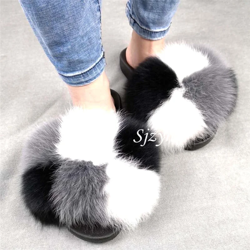 

Wholesale Women Fox Fur Slippers Ladies Fluffy Fur Sandals Children's Furry Slides Female Indoor Plush Shoes Home Flip Flops Big