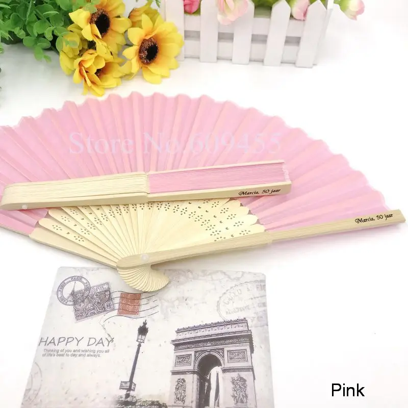 pink 100 шт./лот, персонализированные свадебные шелковые веера, уникальные вечерние Подарочные Подарки, ручные складные веера, печать на заказ, имя и Дата - Цвет: pink