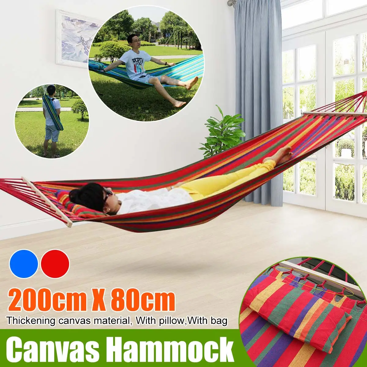 値段 200 × 80センチメートルハンモックとポール屋外のキャンプ旅行ハンモック椅子スイングキャンバス睡眠ベッドガーデン裏庭家具新しい