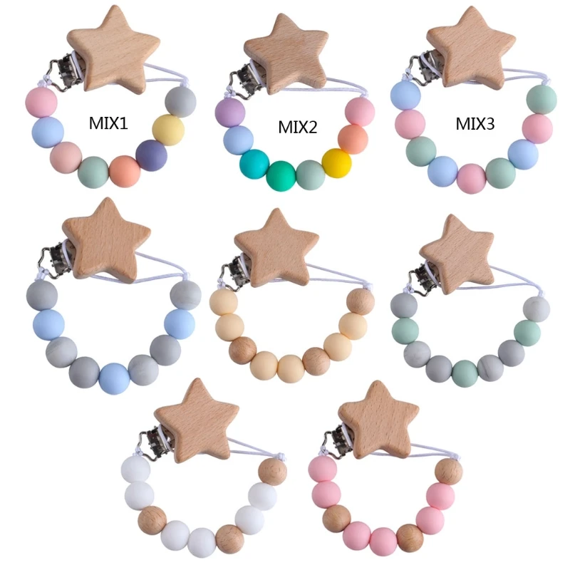 Chupete de madera de haya con cadena de chupete para ni&ntilde;os, Clips de juguete para morder, sin BPA-5