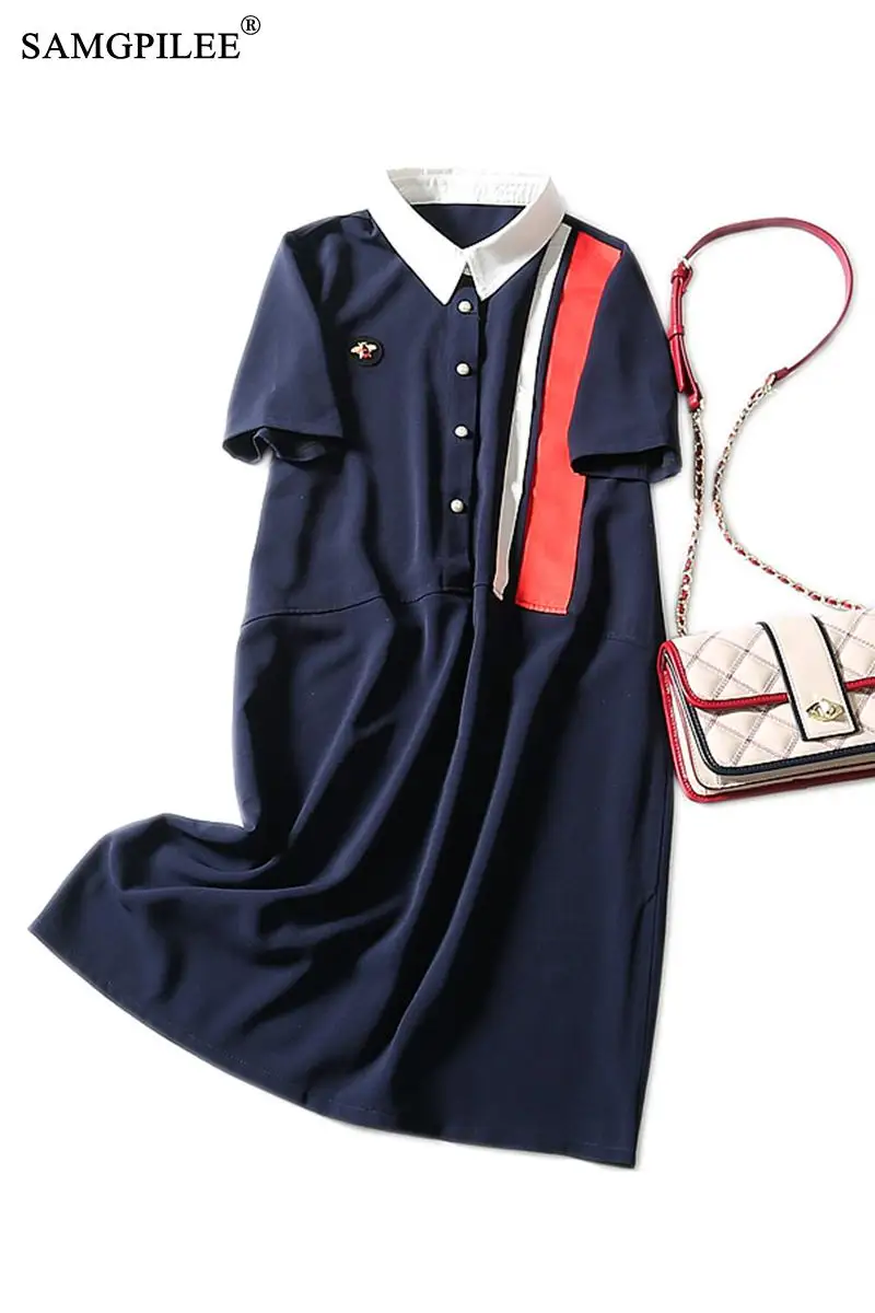 

Dresses Summer 2021 Woman Casual Dress A-line Patchwork Short Sleeve Button Elegant Dress Empire Turn-down Collar Dresses Woman