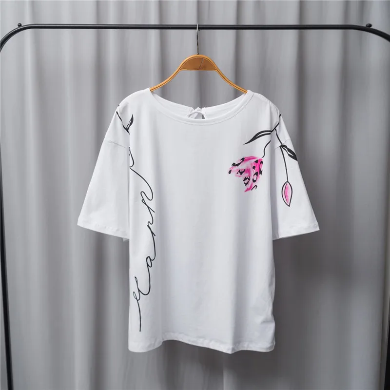 

New Summer Designed Fashion Print Ladies Casual Bow Backless Cotton T-Shirt Female Brand Slim Top Ladies Loose White Tee ML096