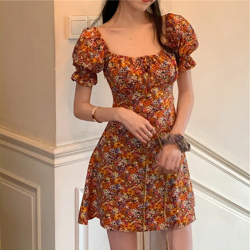 

Summer Vintage Dress with Draw String Impressionism Women Puff Sleeve Floral Slim Cottagecore Dress 2023 Plus Size Short Sleeve