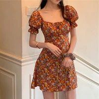 summer vintage dress with draw string impressionism women puff sleeve floral slim cottagecore dress 2021 plus size short sleeve