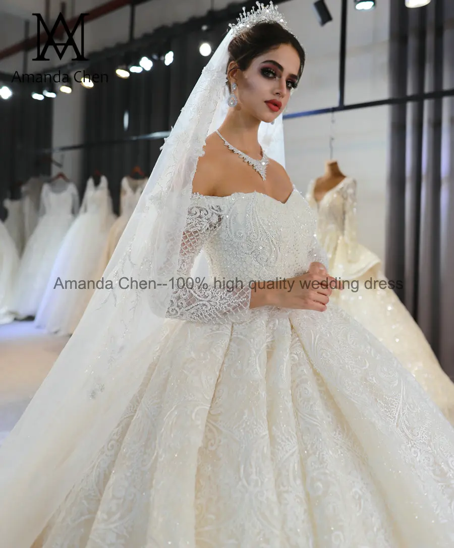 Robe de mariee с открытыми плечами Длинные рукава Кружева Аппликация блестящее свадебное платье цвета шампанского