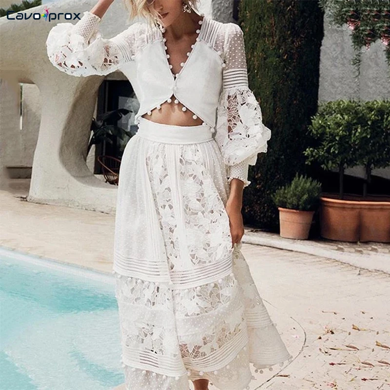 Women Two Piece Matching Sets Elegant Long Sleeve Plunge V-neck Short Top& Ankle-Length Tassel Design Fashion Skirt