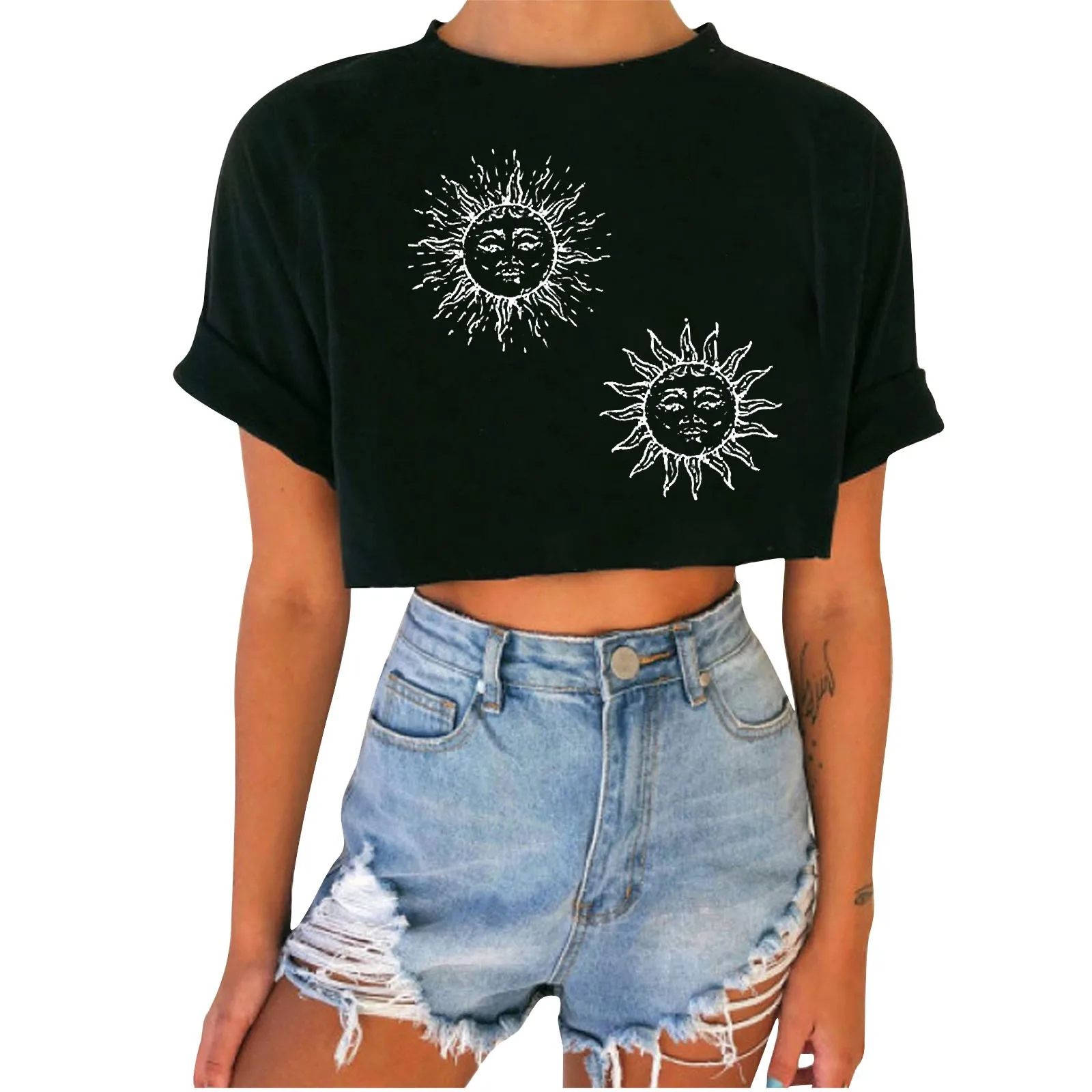 

Women Sexy Crop Top Vintage Sun And Moon Print T-shirt Summer Casual Short-sleeved O-neck T Shirt Female Graphic Short Top Tees