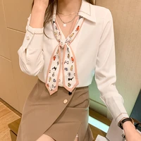 new autumn women blouse print ribbon bow tie long sleeve fashion female chiffon shirt loose elegant tops 2021 office lady blusas