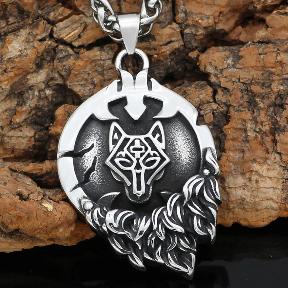 Men stainless steel Nordic viking Fenrir Wolf Rune necklace with gift bag | Украшения и аксессуары