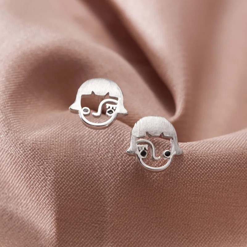 

925 Sterling Silver Piercing Girl Head Charm Stud Earrings for Women Girls Wedding Party Gift Femme Jewelry pendientes eh1413