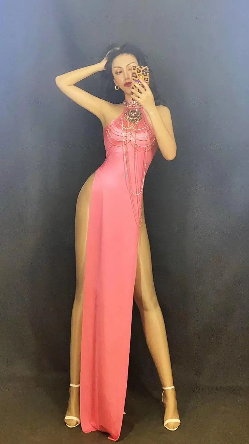 

2020 Sexy Fashion Women Halter Sleeveless Ladies Female Plus Large Party Stretch Knit Split High Street Wear Dress