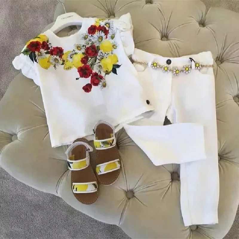 Летний комплект одежды для маленьких девочек белая шифоновая рубашка с принтом