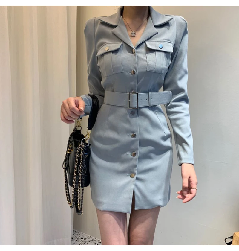 Trytree Autumn Winter Women Casual Dress Turn-down Collar Single Breasted Pockets Belt 5 Colour Slim fit Fashion Mini Dress